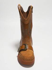 Women's Western Rhinestone Wing Ankle Boots With Buckle Trim - Lug Round Toe Low Heel For Special Events - 棕色 - 查看 5