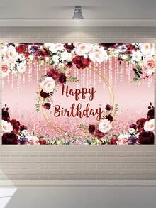 1 pieza 100cm*150cm Tema de flores rojas y rosas de Feliz Cumpleaños Poliéster Fondo de tela de fondo de fotografía para decoración del hogar, accesorios para fotografías de decoración de cumpleaños de mujeres - Multicolor - Ver 2