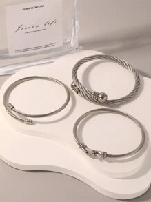 3入組時尚冷調不鏽鋼扭轉手鐲，適用於女性 - 銀色 - 查看 2