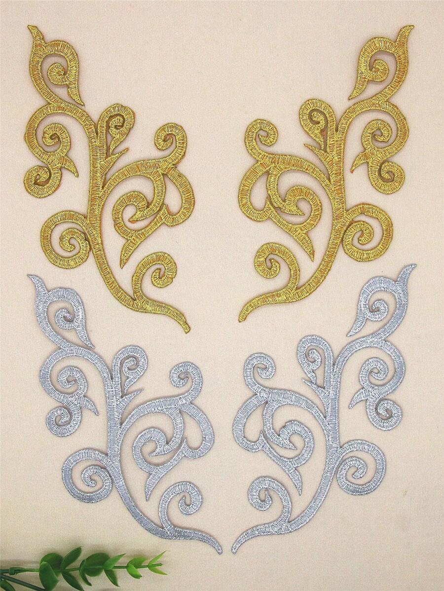 2pcs Gold Hollow Out Embroidery Applique Patch With Adhesive Backing For Clothing Decoration