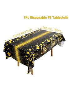 1入組黑金風格生日主題PE桌布，18/30/40/50歲生日派對裝飾用一次性桌布