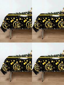1入組黑金風格生日主題PE桌布，18/30/40/50歲生日派對裝飾用一次性桌布