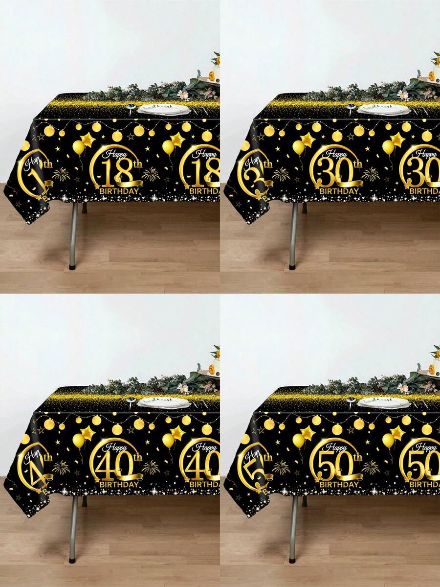 1入組黑金風格生日主題PE桌布，18/30/40/50歲生日派對裝飾用一次性桌布