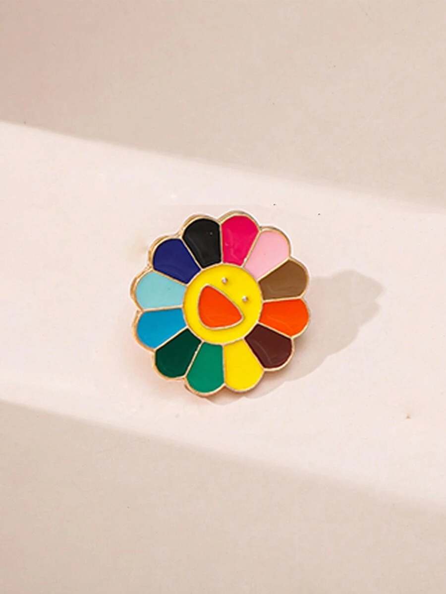 1pc Cute Smiling Sun Flower Brooch Pin, Metal Cartoon Gift For Backpacks, Clothes, Colorful