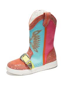 Women's Western Rhinestone Wing Ankle Boots With Buckle Trim - Lug Round Toe Low Heel For Special Events - 彩色 - 查看 4