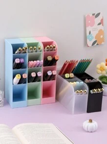 Slant Plug Multi-Functional Plastic Office Storage Desktop Organization Pen Holder Rectangular Can Stand Standing Pencil Holder, Desk Organizer - White - View 4