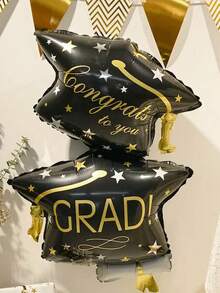 Set de 20 piezas de globos temáticos de graduación en negro y dorado, globos de forma de birrete de graduación, globos metálicos dorados de látex, perfectos para la decoración de la fiesta de la ceremonia de graduación. - Multicolor - Ver 6