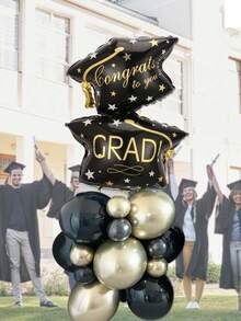 Set de 20 piezas de globos temáticos de graduación en negro y dorado, globos de forma de birrete de graduación, globos metálicos dorados de látex, perfectos para la decoración de la fiesta de la ceremonia de graduación. - Multicolor - Ver 4