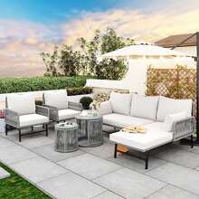 Sweiko Sweiko Gartenlounge-Set, Gartenmöbel-Set, Mit Eisenrahmen und grauem Seil, Gartenmöbel aus gewebtem Seil für den Außenbereich, Grau, Zwei Sessel, zwei 2-Sitzer-Sofas und zwei Tische (alle Kissen inklusive)