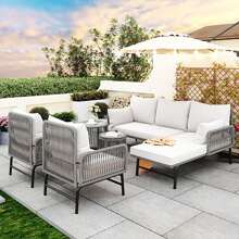 Sweiko Sweiko Gartenlounge-Set, Gartenmöbel-Set, Mit Eisenrahmen und grauem Seil, Gartenmöbel aus gewebtem Seil für den Außenbereich, Grau, Zwei Sessel, zwei 2-Sitzer-Sofas und zwei Tische (alle Kissen inklusive)