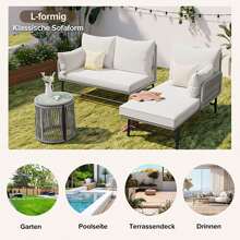 Sweiko Sweiko Gartenlounge-Set, Gartenmöbel-Set, Mit Eisenrahmen und grauem Seil, Gartenmöbel aus gewebtem Seil für den Außenbereich, Grau, Zwei Sessel, zwei 2-Sitzer-Sofas und zwei Tische (alle Kissen inklusive)