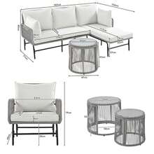 Sweiko Sweiko Gartenlounge-Set, Gartenmöbel-Set, Mit Eisenrahmen und grauem Seil, Gartenmöbel aus gewebtem Seil für den Außenbereich, Grau, Zwei Sessel, zwei 2-Sitzer-Sofas und zwei Tische (alle Kissen inklusive)