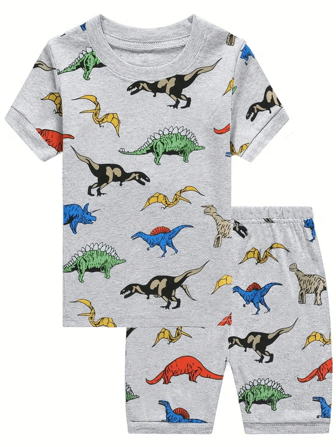 2入組男童短袖恐龍印花圓領T恤和短褲家居套裝，兒童卡通睡衣