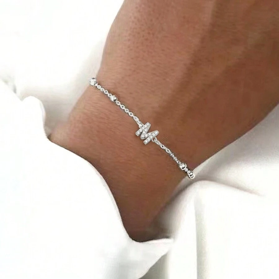 1pc Fashion Initial Stainless Steel Beaded Chain Bracelet For Women - Silver - View 1