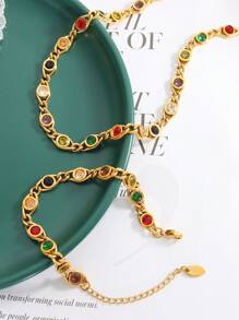 1set MiDuoDuo European & American Style Colorful Zirconia & Chain Link Design Stainless Steel Jewelry Set, Fashion - Dopamine Necklace Set - View 4