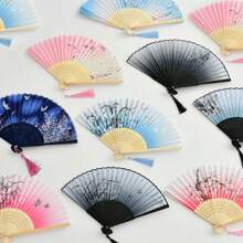 Foldable Hand Fan, Chinese Style Silk And Bamboo Fan With Dual Color, Hollow Tassel Dangle Design For Weddings, Parties, Home Decor And Festive Gifts. Birthday - Black - View 3