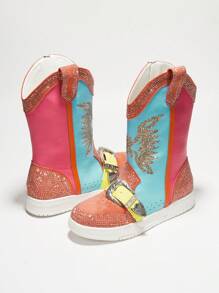 Women's Western Rhinestone Wing Ankle Boots With Buckle Trim - Lug Round Toe Low Heel For Special Events - 彩色 - 查看 2