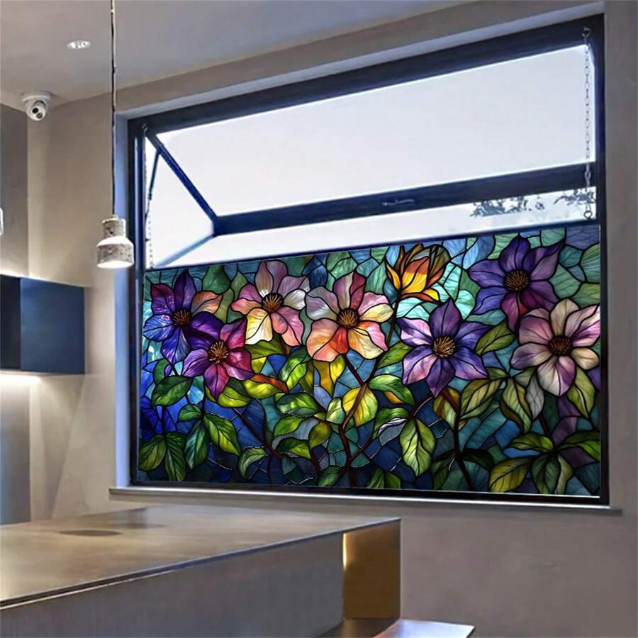 1PC Stained Glass Window Film, Flower Pattern Static Cling Decorative Window Tinting Film Non-Adhesive Glass Window Decals Decor For Home Office Living Room Toilet Kitchen Door And Window Home Decor - Multicolor - View 1