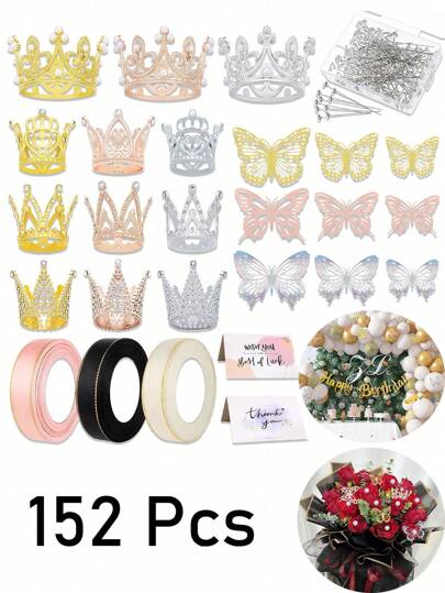152pcs 3D Butterfly, Crown, Greeting Card, Ribbon, Bouquet Shaped Brooch Pin Set For Cake & Flower Decoration, Gift Wrapping, Wedding, Birthday Party Decor Tiaras