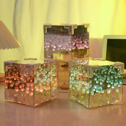 （USB 供电）10/20/30 郁金香花立方体夜灯，手工制作的 DIY 材料套件，可用作夜灯和镜子的双重功能，是送给女朋友、朋友、生日、情人节的理想礼物