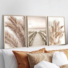 Set de 3 pósteres de lienzo con marco opcional que presentan un diseño boho con diente de león, paisaje y plantas. Arte de pared impermeable, cuadros de pared ideales como regalo, para dormitorio, sala de estar, oficina, baño, comedor, cafetería, bar y decoración del hogar y la residencia