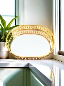 1入組10.83英寸金屬橢圓形甜點盤，現代簡約風格帶中空蕾絲的金色橢圓形儲物托盤，鏡面玻璃果仁盤，適用於派對、聚會、婚禮、客廳、臥室全年裝飾 - 金色 - 查看 4