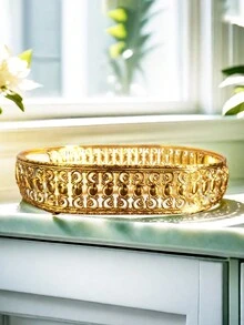 1入組10.83英寸金屬橢圓形甜點盤，現代簡約風格帶中空蕾絲的金色橢圓形儲物托盤，鏡面玻璃果仁盤，適用於派對、聚會、婚禮、客廳、臥室全年裝飾 - 金色 - 查看 5