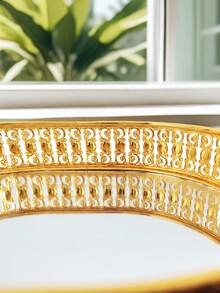 1入組10.83英寸金屬橢圓形甜點盤，現代簡約風格帶中空蕾絲的金色橢圓形儲物托盤，鏡面玻璃果仁盤，適用於派對、聚會、婚禮、客廳、臥室全年裝飾 - 金色 - 查看 7