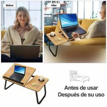 Mesa Plegable Soporte para Laptop - con Portavasos y Diseño con Ranura Inclinación Ajustable de 5 Niveles Soporte Plegable Escritorio Portátil para Comer Escribir Jugar Sofá de Trabajo (nuez) - Caqui - Ver 3