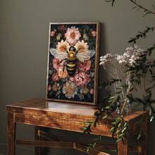 1pc Unframe Dark Botanical Floral Bee Art Poster Print Moody Retro Aesthetic Canvas Painting Wall Picture For Dorm,Apartment,Living Room,Bedroom,Modern Home Decoration,Ideal Gift