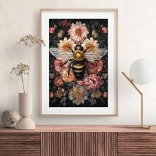 1pc Unframe Dark Botanical Floral Bee Art Poster Print Moody Retro Aesthetic Canvas Painting Wall Picture For Dorm,Apartment,Living Room,Bedroom,Modern Home Decoration,Ideal Gift