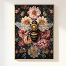 1pc Unframe Dark Botanical Floral Bee Art Poster Print Moody Retro Aesthetic Canvas Painting Wall Picture For Dorm,Apartment,Living Room,Bedroom,Modern Home Decoration,Ideal Gift