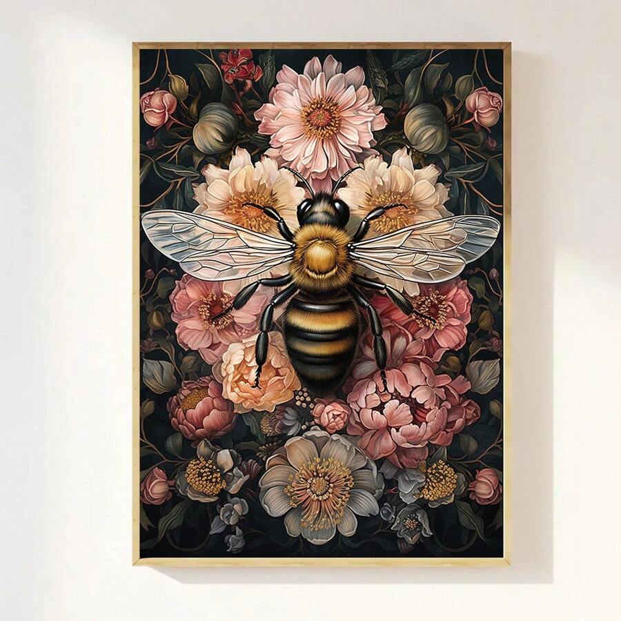 1pc Unframe Dark Botanical Floral Bee Art Poster Print Moody Retro Aesthetic Canvas Painting Wall Picture For Dorm,Apartment,Living Room,Bedroom,Modern Home Decoration,Ideal Gift