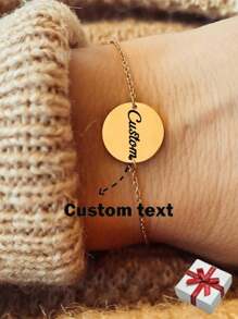 不鏽鋼可雕刻姓名日期獎章吊墜手鍊，聖誕節兒童禮物 - 金色 - 查看 1