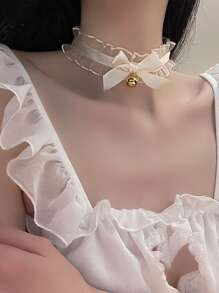 topshiny 1 件蕾丝铃铛颈链项链，性感女仆头饰网状领结项链，适合女士，猫角色扮演情人节