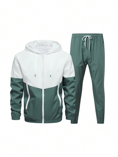 Boyfriend Style Men's 1 Set Windproof And Breathable Colorblock Running & Fitness Sportswear With Jacket And Pants Boyfriend Style Men Two Pieces Outfits