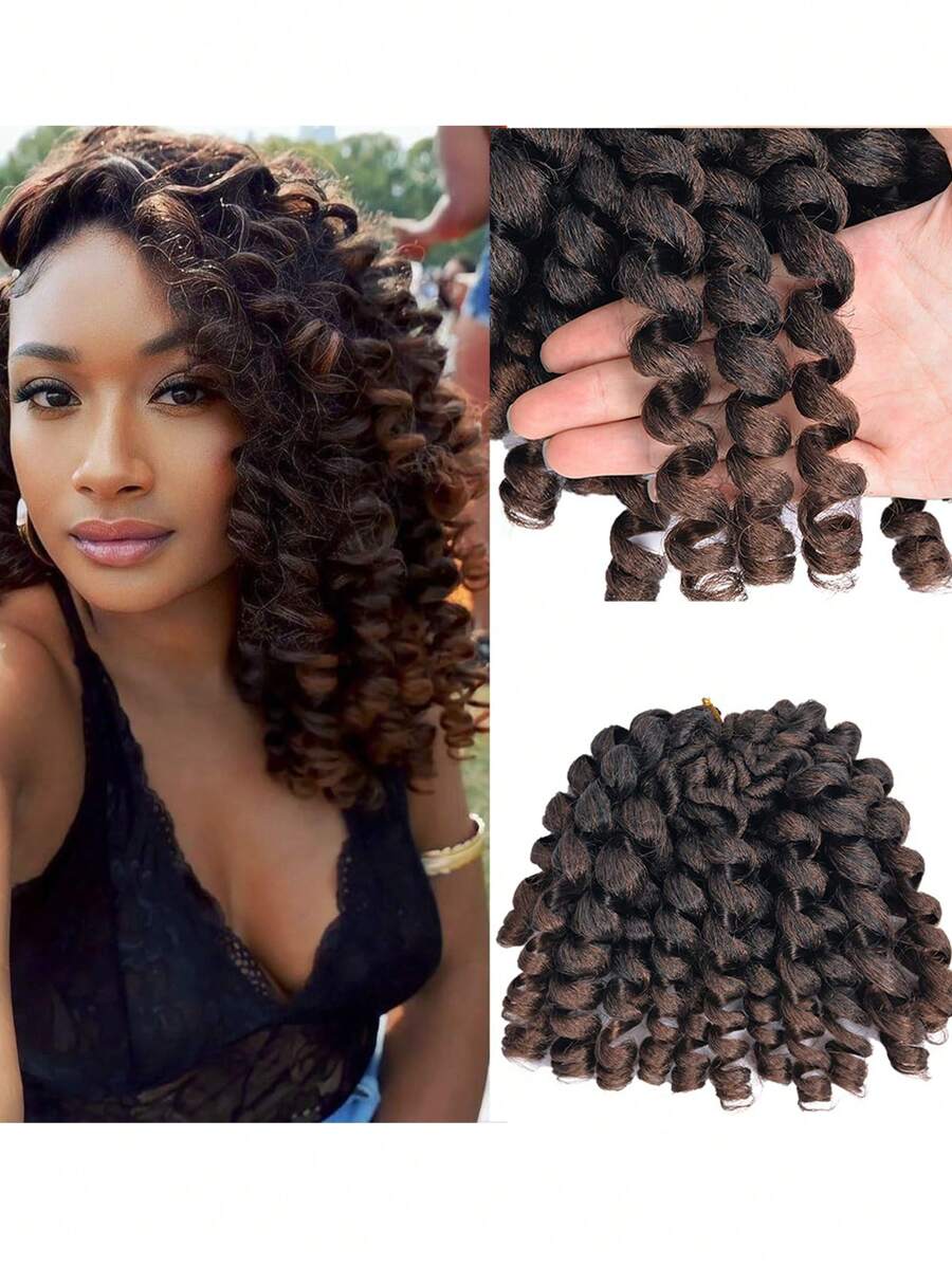 1件/10件装合成渐变卷曲钩编发接发，8/12英寸小卷短款巨型扭辫预编牙买加卷曲钩编发，预扭短款波波头卷曲钩编发，女士假发