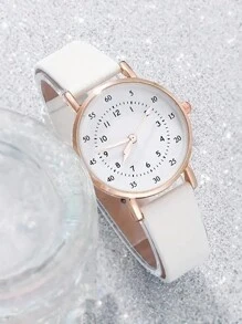 6入組青少年休閒圓形指針石英錶，仿真PU皮帶錶和珠寶套裝，送給媽媽的禮物 - 白色 - 查看 4