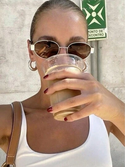 1 Pair Oval-Shaped Fashio Glasses Metal With Small Round Lenses, Stylish Beach Accessory For Women, Essential Item For Autumn/Winter, Suitable For Business, Casual, Summer Beach, Outdoor Activities, And Travel