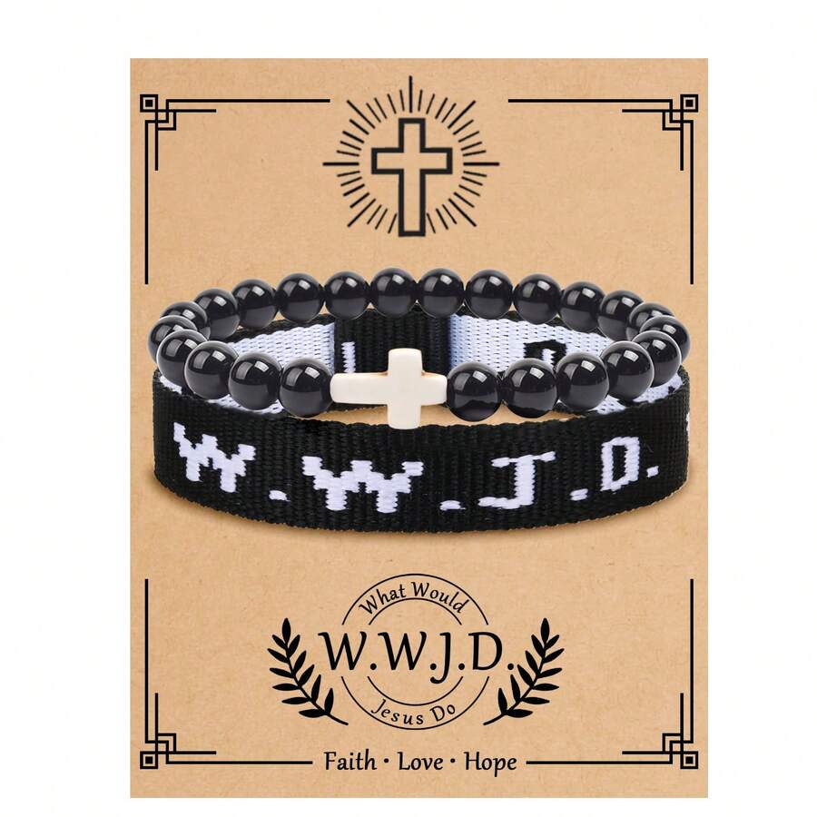 2Pcs WWJD Bracelet For Women Men Cross Beaded Bracelets Set Christian