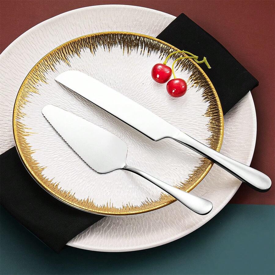 2pcs/Set Stainless Steel Wedding Cake Knife And Server Set, Cake Cutting Set For Wedding, Includes Cake Cutter And Cake Server, Ideal For Wedding, Party, Birthday, Dishwasher Safe - Silver - View 1