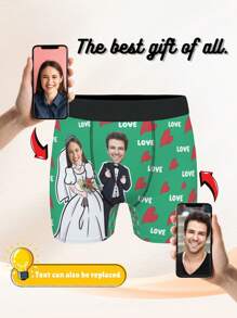 [DIY] Customized Funny Briefs, Men's Underwear, Portrait Photo Customized Briefs, Gifts, Unique Underwear. Large Head Shot, Human Face Replace, Lightweight, Breathable, Quick-Drying, Comfortable Fabric. Gift For Friends/Partner, Party/Birthday Present - Green - View 1