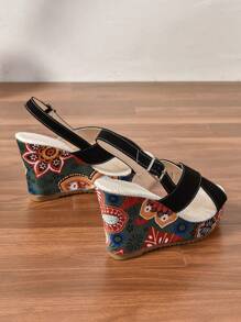 Women's Wedge Sandals, Floral Printed Cross Strap Peep Toe Mules,  Platform Shoes