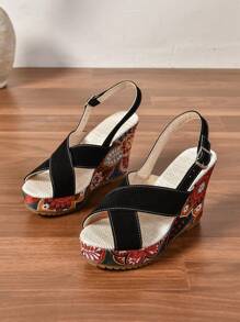 Women's Wedge Sandals, Floral Printed Cross Strap Peep Toe Mules,  Platform Shoes