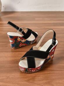 Women's Wedge Sandals, Floral Printed Cross Strap Peep Toe Mules,  Platform Shoes