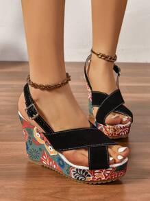 Women's Wedge Sandals, Floral Printed Cross Strap Peep Toe Mules,  Platform Shoes