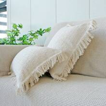1 pièce Housse de coussin à franges en tricot texturé, Housse de coussin pour canapé de couleur unie, Housse de coussin pour appui-tête de lit pour décoration de chambre bohème