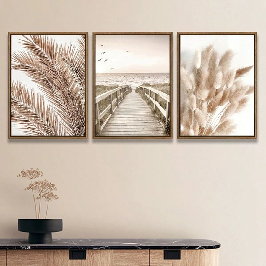 Set de 3 pósteres de lienzo con marco opcional que presentan un diseño boho con diente de león, paisaje y plantas. Arte de pared impermeable, cuadros de pared ideales como regalo, para dormitorio, sala de estar, oficina, baño, comedor, cafetería, bar y decoración del hogar y la residencia
