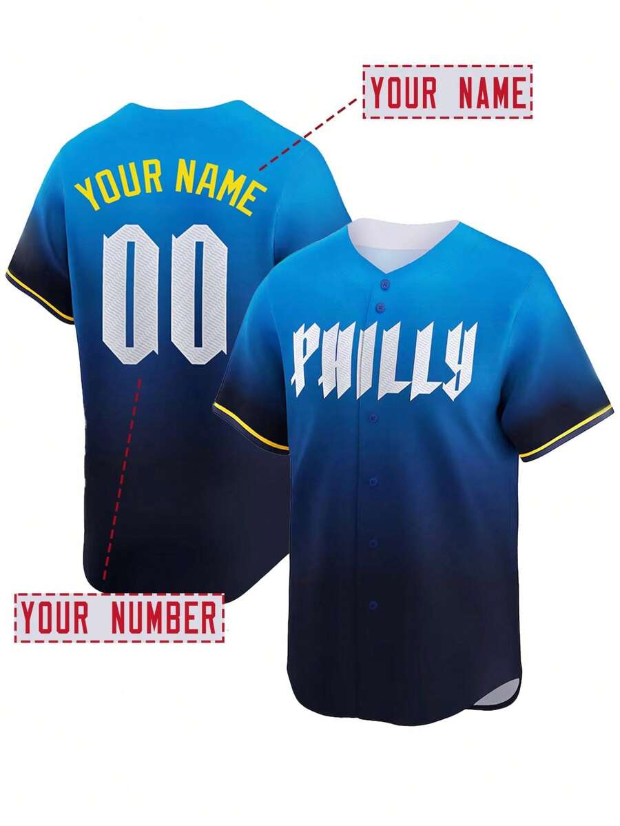 Customized Name And Number Boyfriend Style Men's Embroidery Baseball Jersey Philadelphia Gradient V-Neck Personalized Short Sleeve Button Down Shirts Party Games Training Sports Tops S-Xxl,Stylish,Fashion,Hipster,Casual,Minimal Chic,Personalized,Customized,Custom,Unique,Guy Costumes,Capsule Wardrobe,Men Basic/Street Style,Ideal Gifts For Him,Boyfriend,Family,Friends,For Birthdays,For Vacation/Holiday,For School/Competition,For Sports/Climbing
