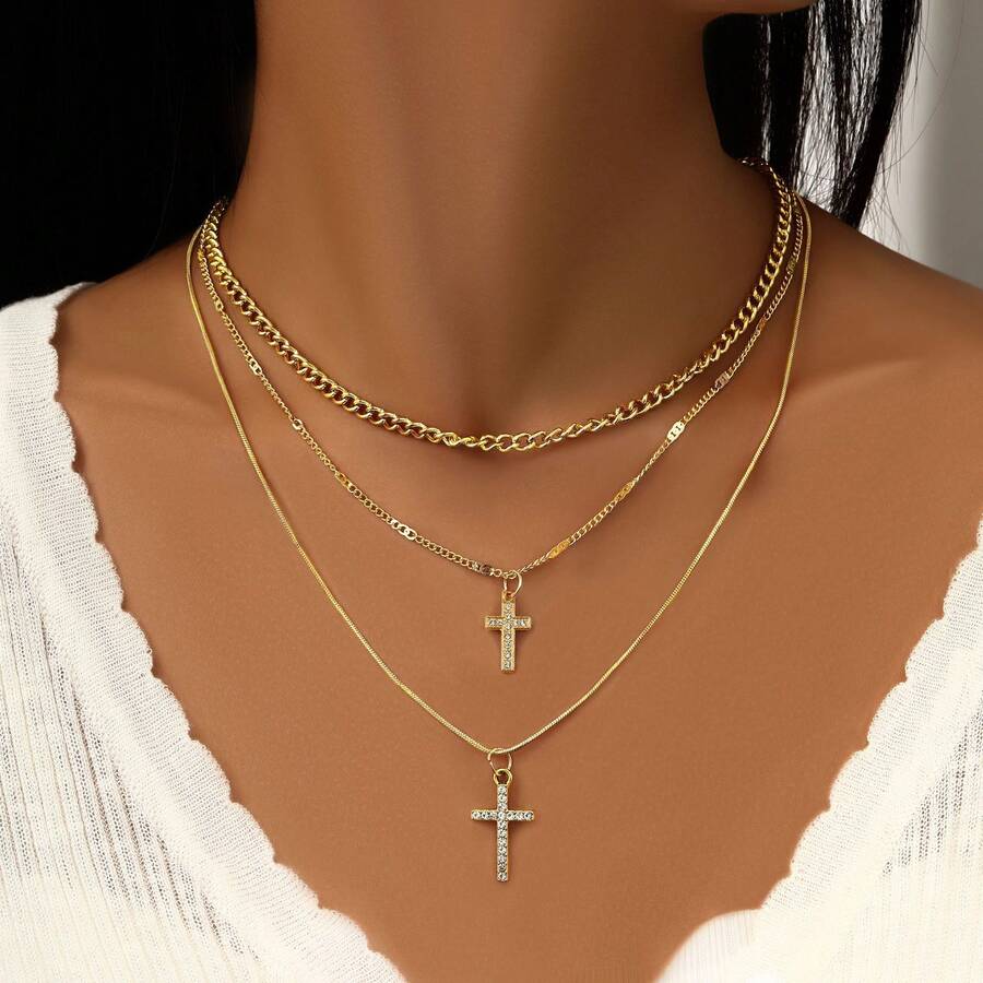 1pc Simple Multi-Layer Double Cross Crystal Chain Necklace For Women, Ideal For Dates, Holidays, And Everyday Wear